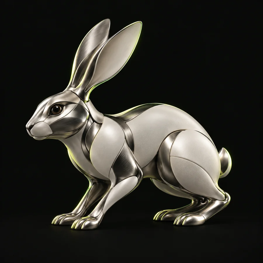 White Rabbit — en skulptural kanin i borstad metall med limegröna reflexer.